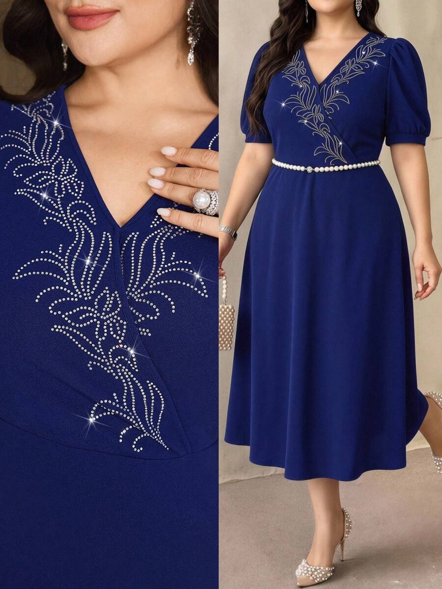 Modelyn Plus Size V-Neck Short Sleeve Rhinestone Embellished Dress