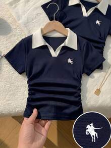 SHEIN 女童海军蓝白领针织休闲撞色拼接修身腰部T恤上衣，饰有小Logo刺绣 - 寶藍色 - 查看 4