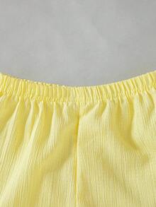 SHEIN Elladie kids 两件套女童夏季套装：圆领无袖黄色波浪印花露脐上衣，荷叶边下摆；休闲直筒裤；时尚度假及海滩派对套装 - 黃色 - 查看 6