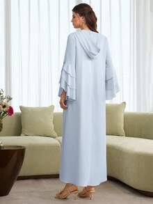 Al Najma Layered Floral Jacquard Hooded Cape With Ruffled Hem And Puff Sleeves, Elegant Robe - Blue - View 7