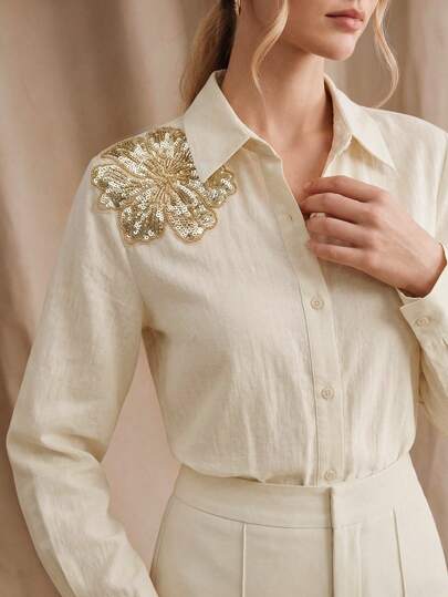  Bộ đồ 2 mảnh thanh lịch mùa xuân/hè của Anewsta dành cho nữ, gồm áo cardigan dài tay và quần ống loe. Cả áo và quần đều được trang trí bằng họa tiết hoa thêu đính sequin, phù hợp cho các buổi tiệc sang trọng, sự kiện kinh doanh, đám cưới và nhiều dịp khác.
