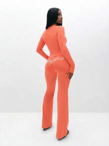 BABYPHAT Women's Zip Up Long Sleeve Coral Top With Script Print And Fitted Silhouette - Coral Pink - View 7