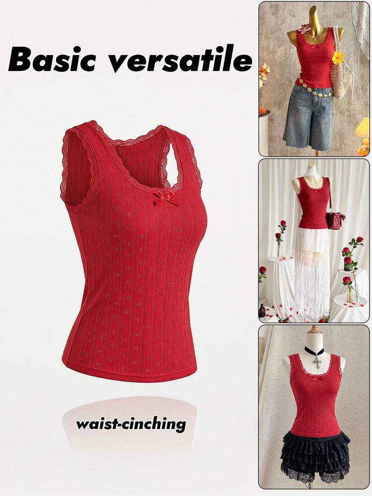 Orange Casual Contrast Lace Bow Sleeveless Top For Women, Summer Y2k