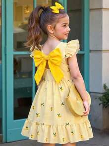 SHEIN Girls' Lemon Print Dress,Summer Fairy White Plaid Holiday,Flutter Sleeve,Ruffle Hem,Back Bow Cutout,Casual & Matching For Family Vacation,Fresh Cute - Yellow - View 1