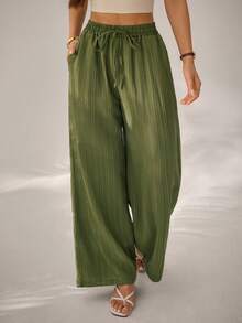 SHEIN PETITE Women's Casual Solid Color Drawstring Waist Slant Pocket Long Pants ,Petite Women - Army Green - View 5