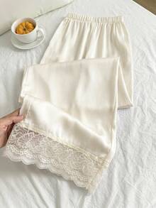SHEIN EZwear Quần ống rộng viền ren satin cỡ lớn - Màu be - Xem 1