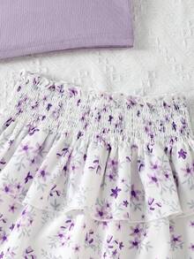 SHEIN Genkimix Kids Toddler Girls' Vacation Casual Halter Solid Color Tank Top And Elastic Waist Floral Ruffle Skirt Set, Summer - Purple - View 4