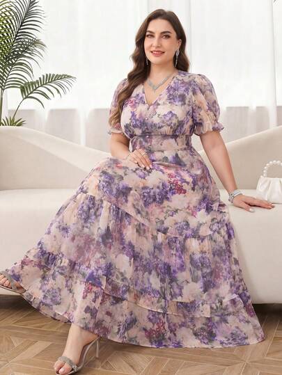 Reflora Vestido midi con mangas abullonadas, cintura con lazo y estampado floral romántico y elegante para mujer de talla grande. Vestidos florales para mujer de talla grande, elegantes, para la primavera y el verano, vestido floral maxi, vestido con mangas abullonadas, últimos vestidos, vestidos Zanzea para mujer de talla grande, vestidos Zanea para mujer, atuendos de invitada de boda para mujer, vestidos de cumpleaños para mujer de talla grande