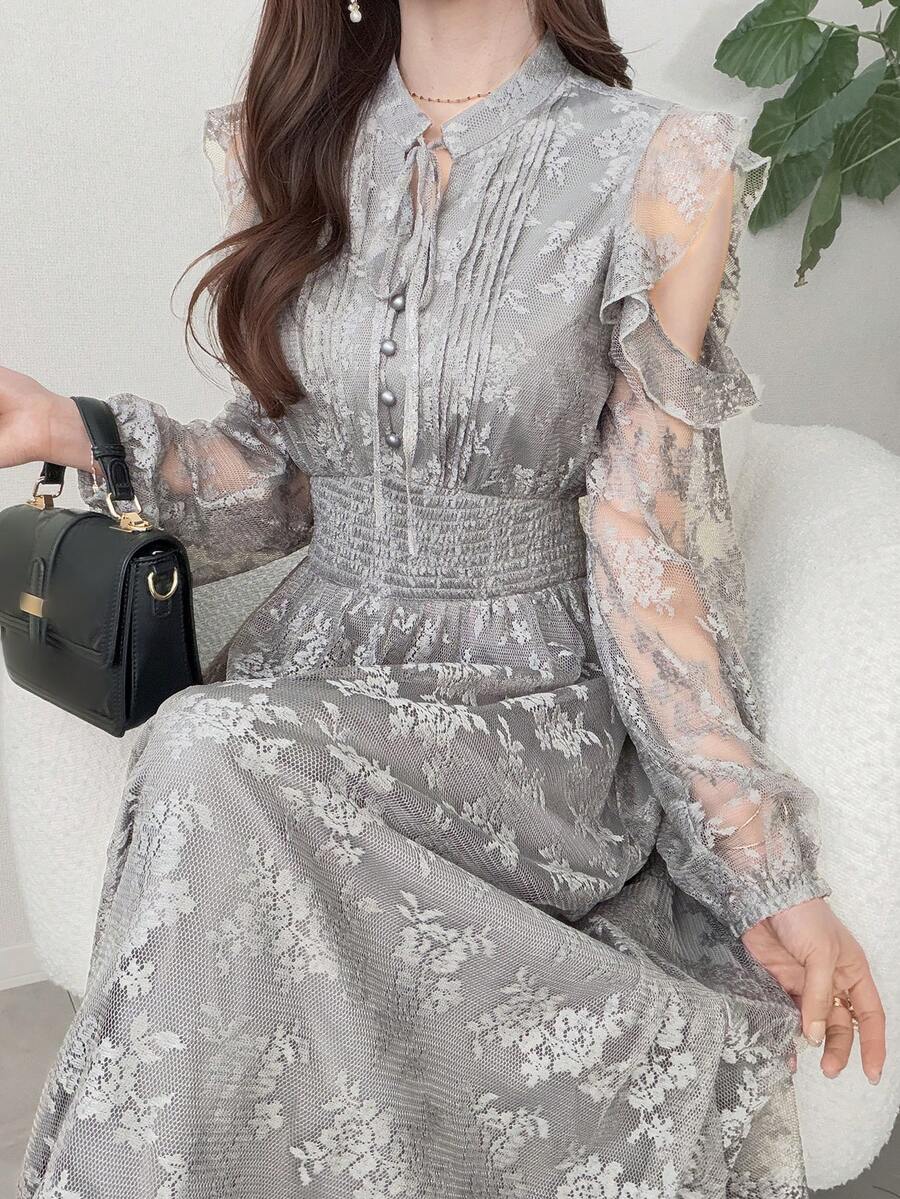 FRIFUL 女士宽松蕾丝露肩A字腰连衣裙 - 灰色 - 查看 1