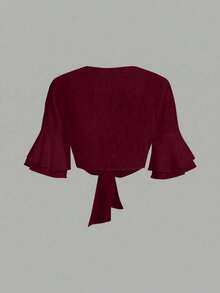 Qadelle Solid Color Cropped Shirt With Flared Sleeves And Front Tie - 酒紅色 - 查看 2