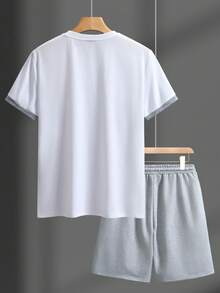 Manfinity Homme Men's White Summer Casual Vacation Outfit,Letter Print Short Sleeve Crew Neck T-Shirt And Shorts 2 Piece Set,Old Money Streetwear,Outdoor Activities - Multicolor - View 2