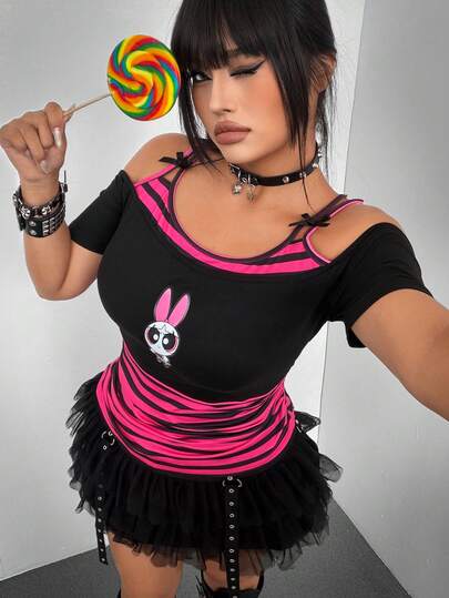 Whyspr THE POWERPUFF GIRLS X SHEIN Áo hai dây ngắn tay mùa hè dành cho nữ, thiết kế thắt eo, khoét vai, phối sọc, nơ, kiểu dáng ngọt ngào punk.