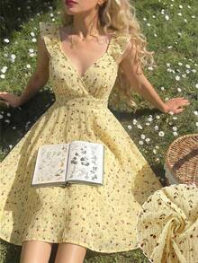 Modelyn Vestido Curto Feminino com Decote em V, Alça Franzida, Bainha em A, Costas Abertas e Amarração na Cintura - Amarelo - Visão 4