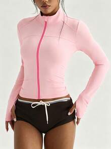 Gameset SHEIN Sport 女款亮粉色長袖運動夾克，夏季性感健身跑步瑜伽立領對比螢光綠拉鍊純色時尚百搭 - 粉色 - 查看 4