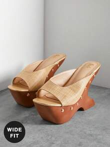 SHUZIA Sandal đế xuồng dày dặn, dáng rộng dành cho nữ, thích hợp đi hàng ngày hoặc đi nghỉ mát, kiểu dáng dễ thương và thanh lịch, làm từ chất liệu PU. - Màu be - Xem 2