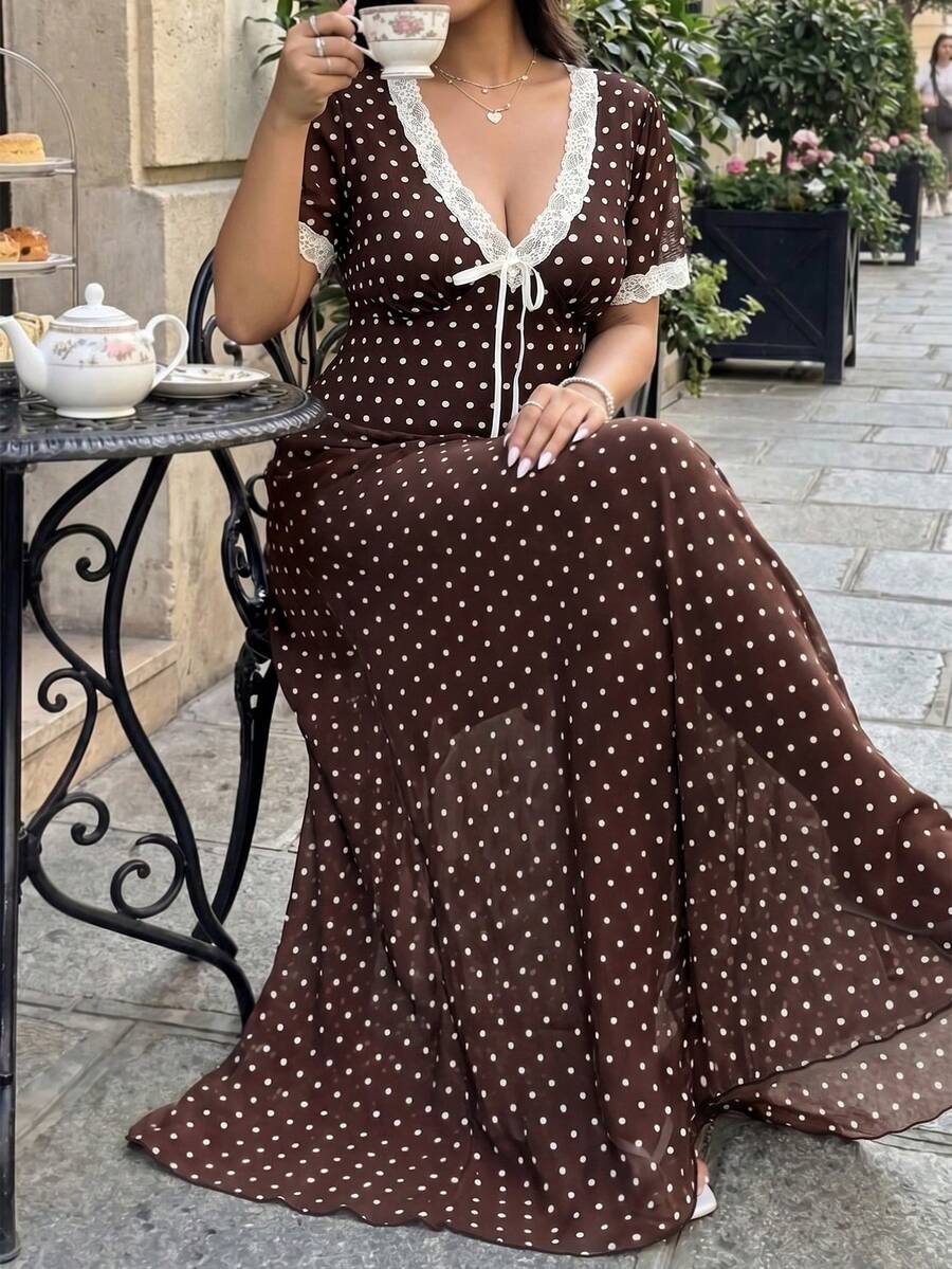 GalTyme Plus Size V-Neck Polka Dot Mesh & Lace Patchwork Dress - Brown - View 1
