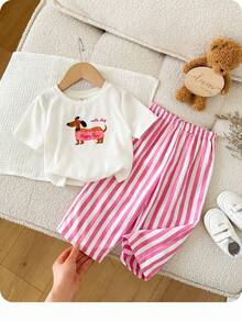 Baby Girl(3Sets, Get1 Set Random) Spring/Summer Casual Daily Cute Sausage Dog Print Round Neck T-Shirt + Pink Striped Long Pants Outfit Set, - Pink - View 7