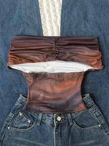 SHEIN Áo kiểu nữ tuổi teen đa năng, eo nhún, in họa tiết, thích hợp mặc mùa hè, cổ cao trễ vai, thanh lịch và duyên dáng, phù hợp cho kỳ nghỉ, phong cách đồng quê, đi biển, tiệc trà chiều và các dịp khác, kiểu dáng trang nhã, có thể mặc như áo dạ hội hoặc áo dễ thương. - màu nâu - Xem 2