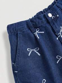SHEIN Pantalones cortos sueltos de mezclilla azul con volantes y decoración de lazo para adolescentes - Azul lavado oscuro - Ver 4