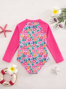 SHEIN Young Girl Floral Print Splice Raglan Sleeve Half Zip Front One-Piece Swimsuit, Beach/Holiday Style - Multicolor - View 2