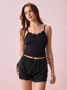 Bonmuse Bộ đồ ngủ 2 món ren gợi cảm gồm áo hai dây và quần short, thích hợp cho nữ mùa xuân/hè/thu. - màu đen - Xem 9