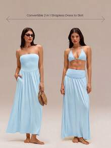 GLOWMODE 2-In-1 Two-Way Wear Strapless Dress Keep It Breezy Ultra-Fine Soft Texture Side Pockets  Foldable Daily Casual Wear - Blue Day - View 3