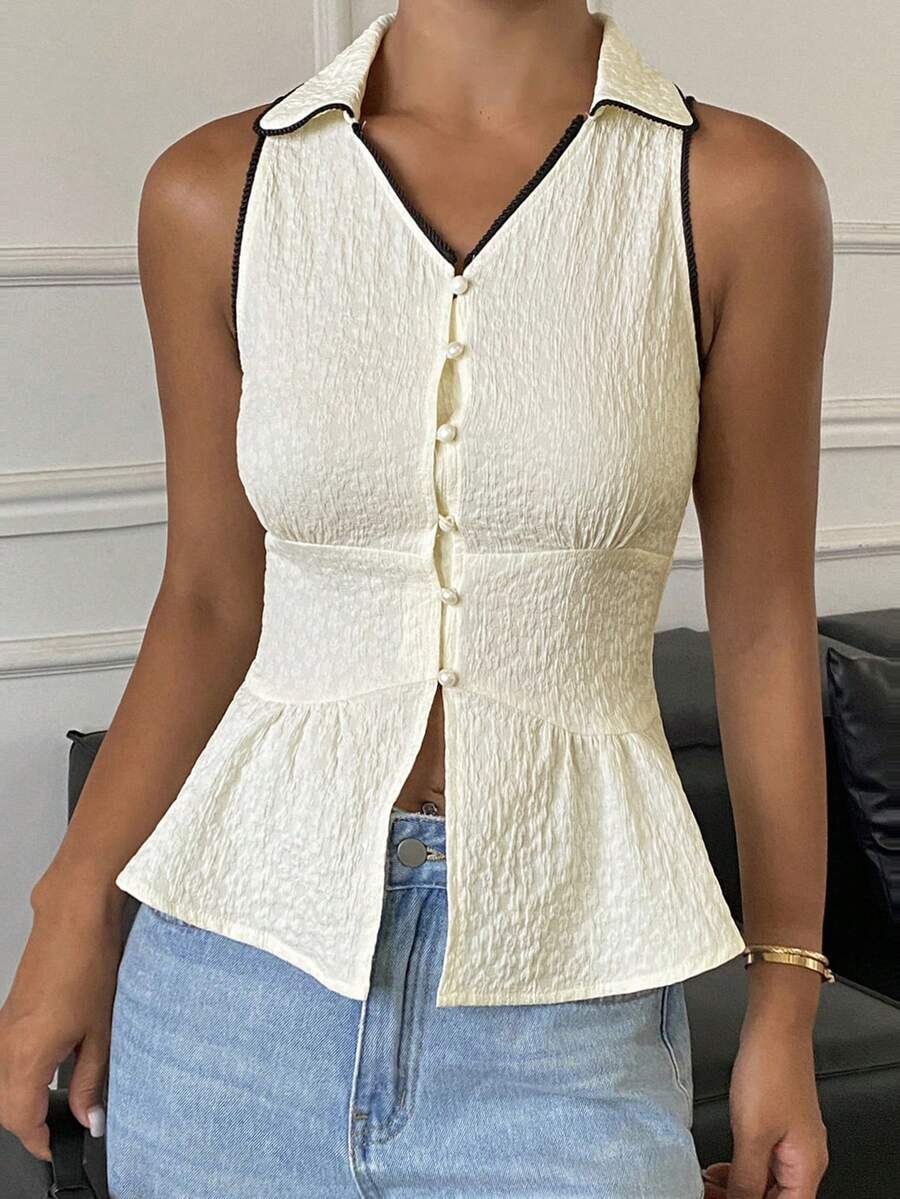 DAZY Women's Summer Textured Fabric Sleeveless Turndown Collar Contrast Trim Elegant Blouse Everyday White And Blue - White - View 1