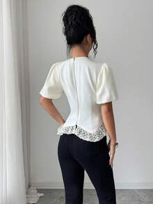Elenzga 女士杏色优雅蕾丝边领拉链短款上衣，适合工作、休闲、度假、海滩派对、春夏穿着。 - 杏色 - 查看 2