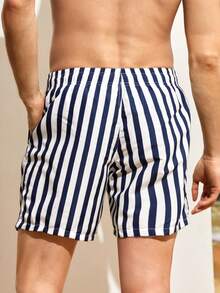 Manfinity Swimmode Men's Striped Drawstring Waist Beach Shorts, Holiday - Blue and White - View 2