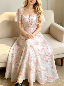Vestido largo minimalista de mujer con diseño de cuello cuadrado y mangas cortas con estampado de paisaje de palmera de, vestido maxi elegante de cintura ceñida, adecuado para vacaciones de verano y uso diario - Multicolor 6 - Ver 5