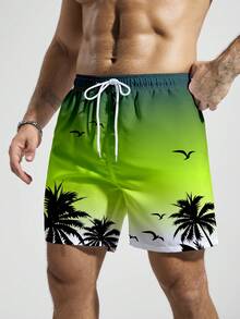 Manfinity KASUA Men's Drawstring Waist Pockets Coconut Tree Print Casual Vacation Beach Shorts, Holiday - Green - View 4