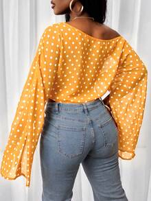 BamGleam Women's Polka Dot Asymmetrical Shoulder Casual Versatile Daily Wear Blouse - Orange - View 2