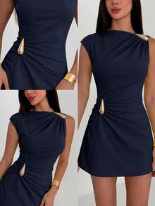 Aloruh Women's Solid Color Metal Decor Ruched Elegant Waist Mini Dress, Suitable For Dates Party Night And Parties Navy Blue And Gold Summer,Graduation Dress - Navy Blue - View 3