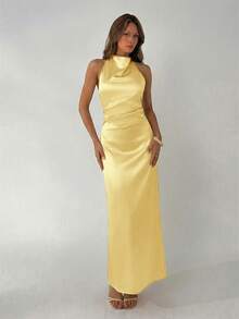 Aloruh Women's Yellow Draped Neck Tie-Waist Ruched Backless Dress, Summer, Dresses For Women Wedding Formal Party Elegant,Wedding Guest,Dresses For Women Summer - Pale Yellow - View 3