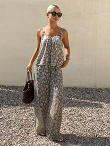 Livesso Spring Summer Floral Print Large Flower Bohemian Style Fashion Yellow Camisole Tank Top Straight Leg Casual Pants Long Pants Set Loose Casual Vacation Beach Beach Elegant Commute Women 2-Piece Set - Grey - View 5