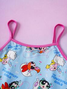THE POWERPUFF GIRLS X SHEIN 女童字母卡通印花吊带背心和短裤休闲家居服套装 - 淺藍色 - 查看 3