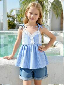 SHEIN Elladie kids 幼儿夏季条纹吊带背心和纯色牛仔短裤套装，简约风格，无图案，适合户外活动，居家穿着舒适，轻松适应学校生活以及与朋友和家人的聚会。 - 藍色 - 查看 9