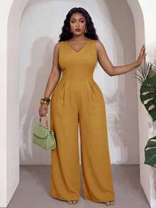 Veslaya Plus Size Women's Mustard Yellow V-Neck Sleeveless Wide Leg Jumpsuit,Summer Smart Casual Party Elegant For Music Festivals,Vacations,Beach,Weddings - Yellow - View 1