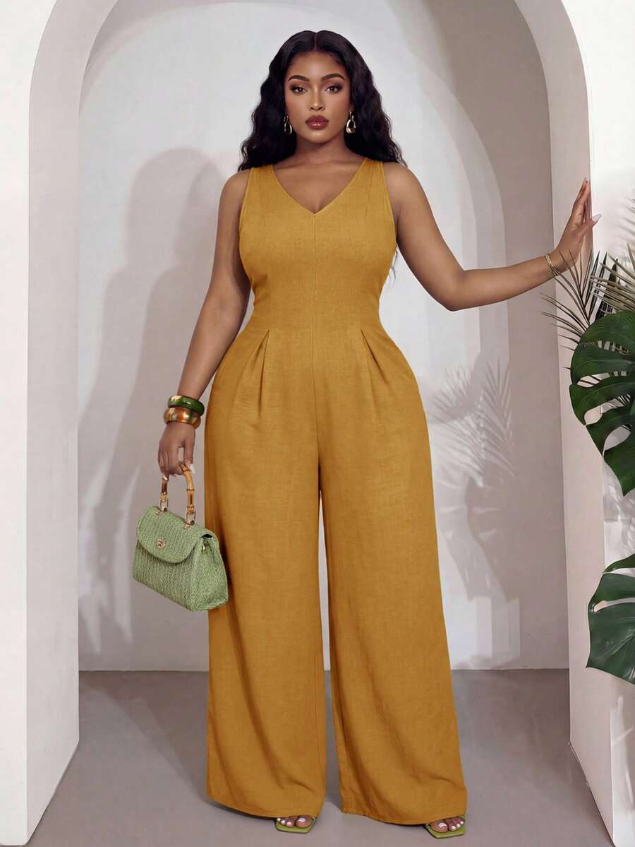Veslaya Plus Size Women's Mustard Yellow V-Neck Sleeveless Wide Leg Jumpsuit,Summer Smart Casual Party Elegant For Music Festivals,Vacations,Beach,Weddings - Yellow - View 1