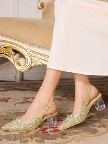 CUCCOO TILAWA Women's Crystal And Glass Rhinestone Pointed Gold High-Heeled Shoes, Suitable For Going Out, Banquets, Parties And Other Activities - Gold - View 3