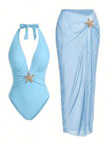Swim Oasis Sunner Vacation 优雅浪漫海星装饰连体泳衣高端套装 - 淺藍色 - 查看 7