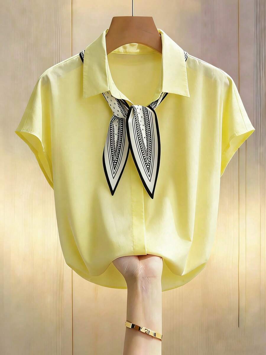 Franclia Versatile Casual Bat Wing V-Neck Printed Scarf Tie Blouse, Beige, Short Sleeve, Loose Fit, Suitable For Spring/Summer Office Commute - Light Yellow - View 1