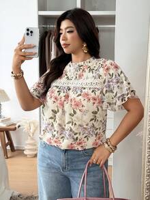 Vionelle Blusa de manga corta con cuello de volantes, talla grande, primavera/verano - Multicolor - Ver 4