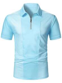 Manfinity Mode Áo polo nam thời trang, đa năng, in họa tiết hình học, có khóa kéo. - Màu xanh nhạt - Xem 5