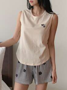 DAZY Women's Plant Print Round Neck Camisole And Striped Shorts Pajama Set - Beige - View 4