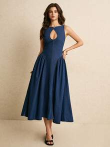 Poéselle Women's Cutout Ruched Waist Elegant Denim Dress, Suitable For Party And Outings - Medium Wash - View 5