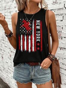 SHEIN LUNE Áo tank top đen in hình cờ và ngựa, chất liệu 95% cotton, đa năng. - màu đen - Xem 5