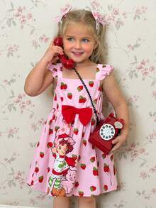 Strawberry Shortcake X SHEIN Young Girl Strawberry Print Dress With Bow Decor And Flutter Sleeves - Pink - View 6