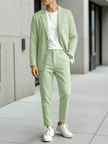 Manfinity Mode Men's Sage Green 2 Pieces Textured Suit,Summer Smart Casual Blazer And Pants Set,Lapel Neck Outfit For Wedding,Spring Vintage Old Money Ceremony - Army Green - View 3