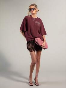 Rouah Casual Boxy Embroidered Tassel Detail Oversized T-Shirt For Women - Perfect For Summer - Rusty Rose - View 3